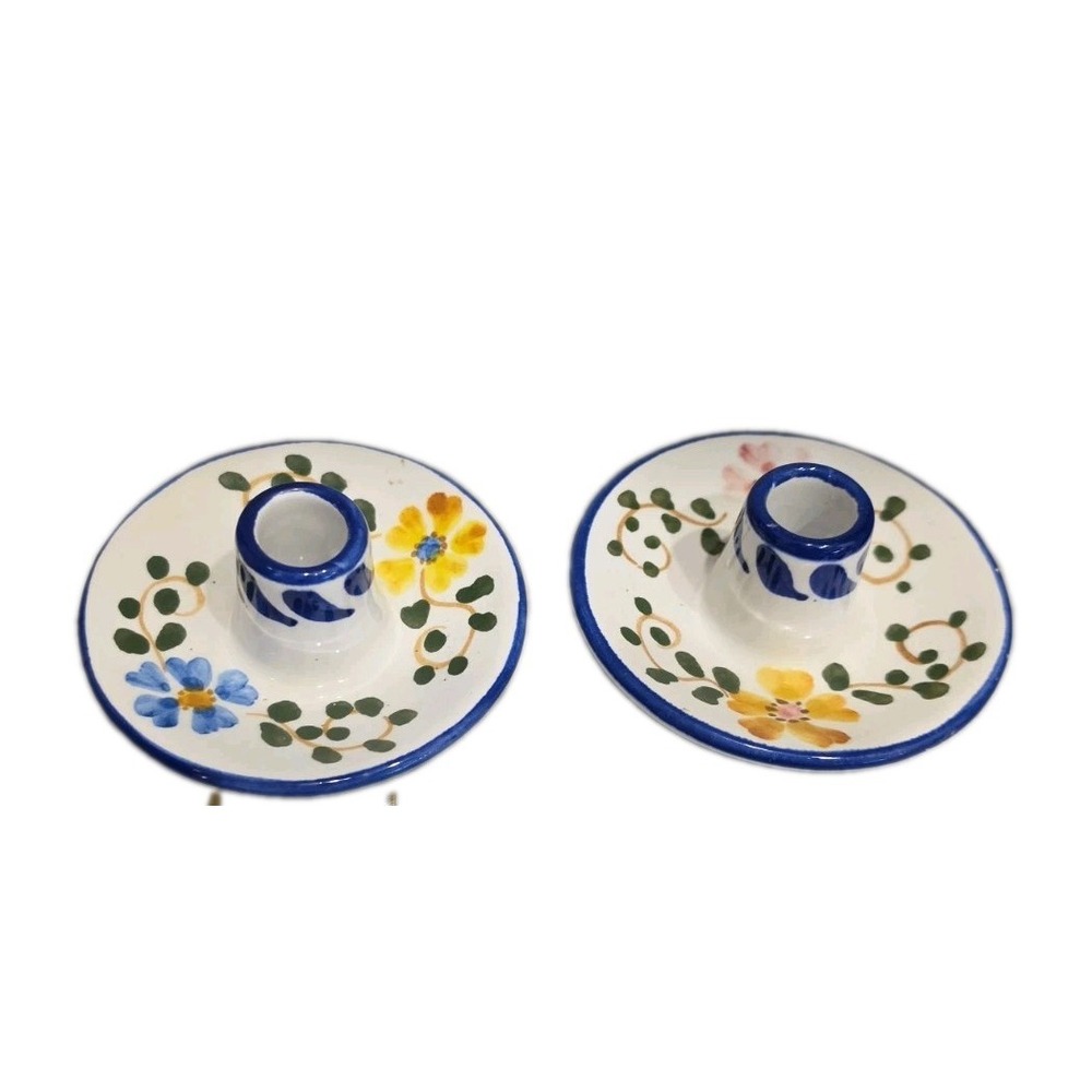 VTG Spanish Glazed Pottery Candle Holders Pair Hand Painted Floral Cuenca Spain